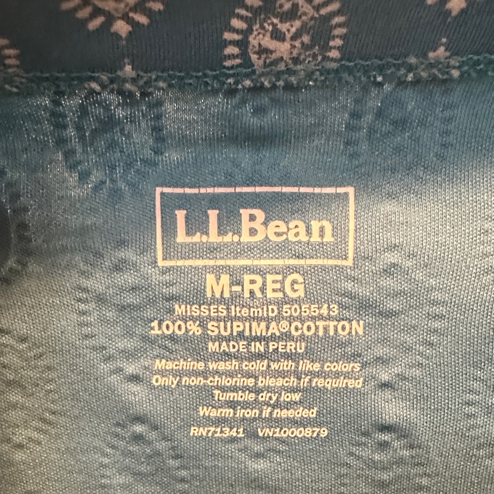 L.L. Bean Teal and White 100% Supima Cotton Printed Top 3/4 Sleeve Size M-Reg - Picture 2 of 5